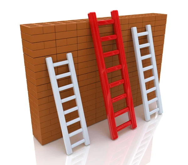 Several ladders with different length leaning the brick wall — Stock Photo, Image