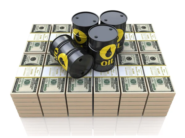 Barrels of oil on packs of dollars — Stock Photo, Image