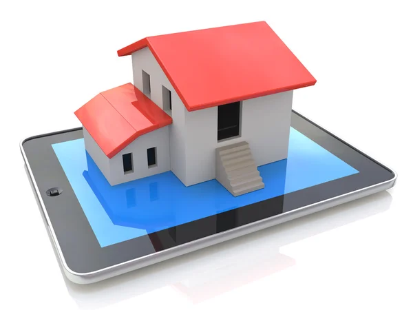 Tablet Pc s jednoduchý dům model na obrázku - 3d zobrazení — Stock fotografie