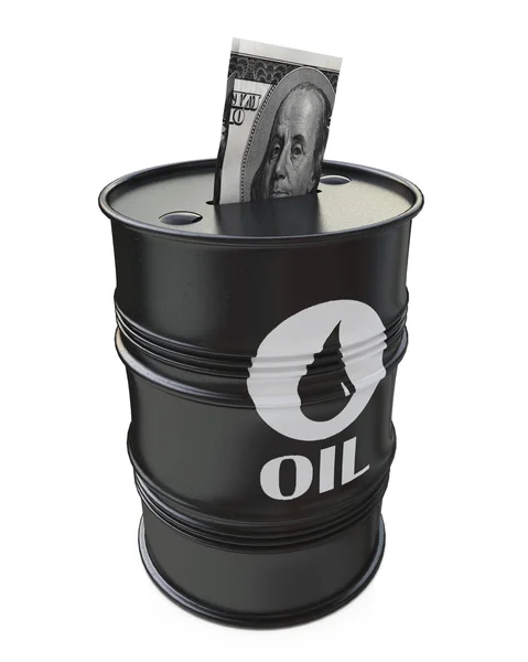 Barrel of oil with dollars inside, isolated on white background — Stock Photo, Image