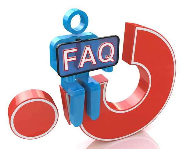 3d man sitting on red question mark holds word faq — Stock Photo, Image