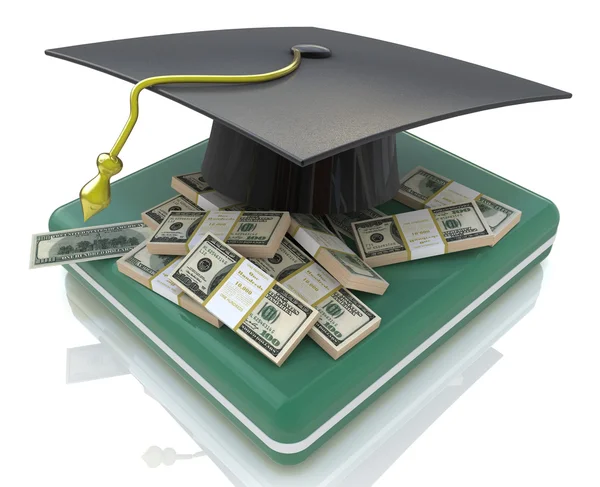 Graduation cap on US money - education costs — Stock Photo, Image