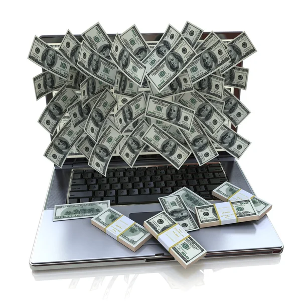 El dinero que sale de la computadora portátil, Ganancia en línea — Foto de Stock