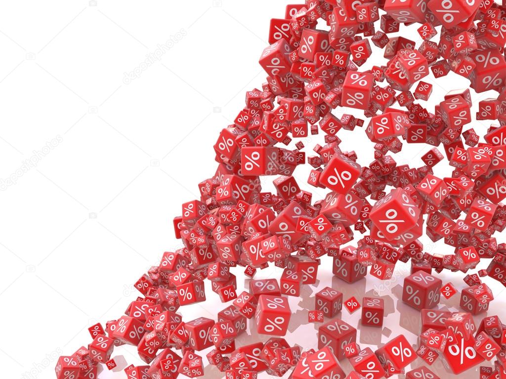 Falling red cubes with percent isolated on white background