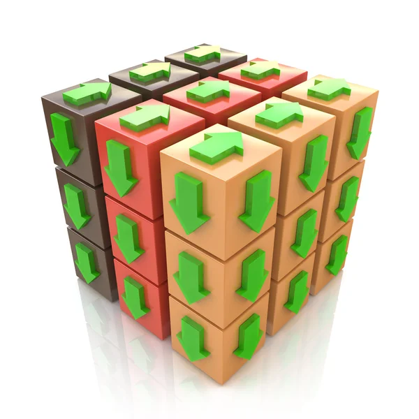 3D multicolored cube with an arrow pointing the direction. Conce — Stock Photo, Image