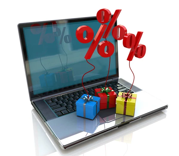 Laptop and gift discounts in Internet — Stock Photo, Image