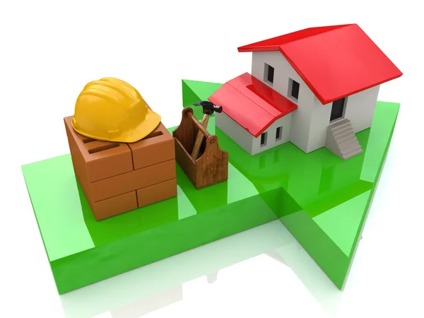 Zelená šipka a malý dům - stavební koncepce — Stock fotografie