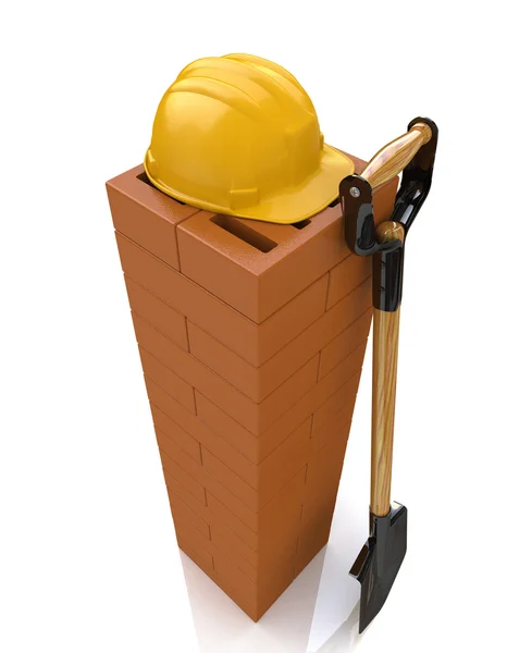 3D кирпич, желтый защитный шлем и лопата. Концепция строительства. Рабочее место — стоковое фото