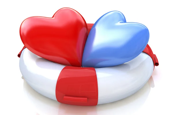 Concept of love relationships: two hearts and life buoy on white background — Stock Photo, Image