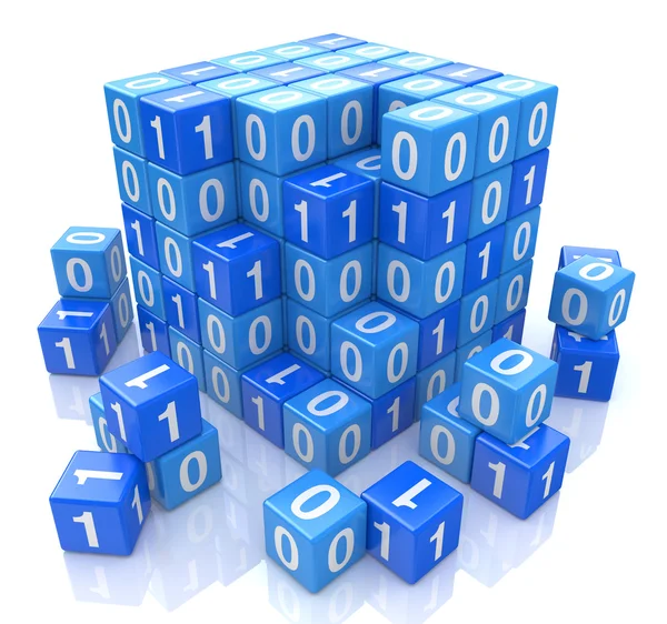 Binary code on digital blue cube, 3d image — Stock Photo, Image