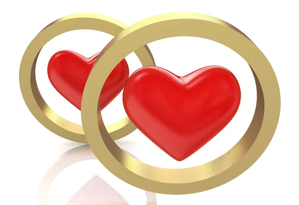 Hearts and golden rings. Love and wedding concept — Stock Photo, Image