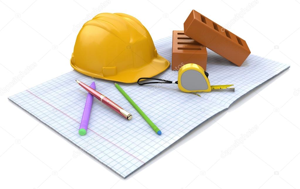 New engineering plan, сonstruction helmet, stationery items and brick