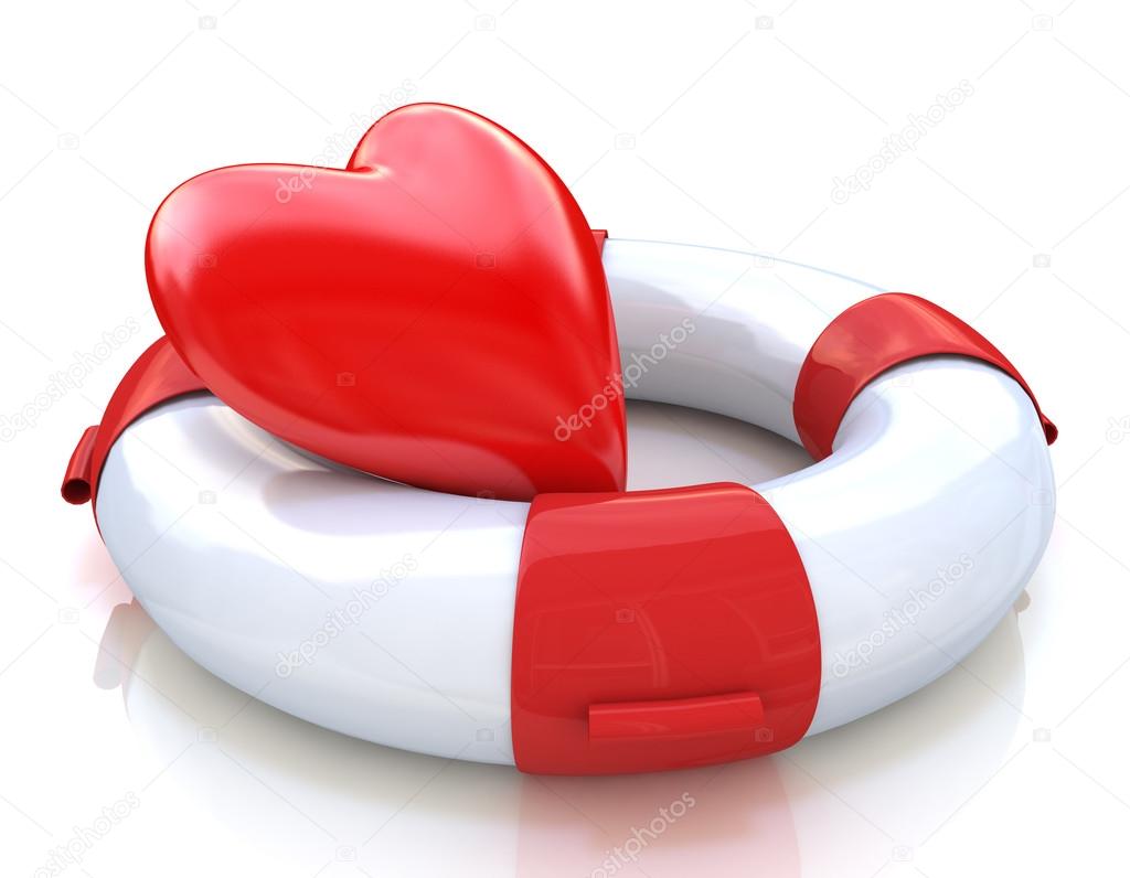 Concept of love relationships: heart and life buoy on white background