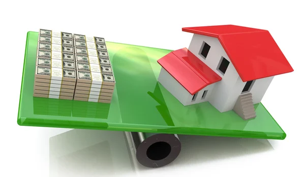 Model ev ve bir tomar para üzerinde bir tahterevalli Dengeleme