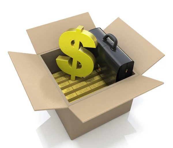 Cardboard box with gold bars and dollar sign — Stock Photo, Image