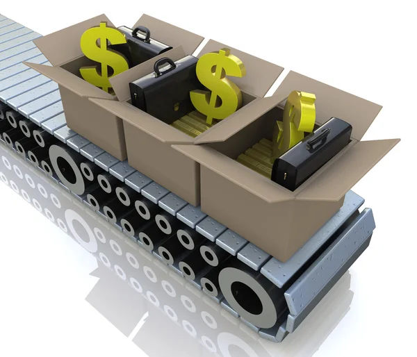 Conveyor cardboard boxes with gold bars and dollar signs — Stock Photo, Image