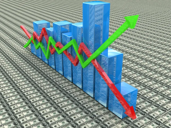 Μπλε ραβδόγραμμα και βέλη που απεικονίζει την αύξηση ή πτώση των κερδών — Φωτογραφία Αρχείου