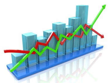 Mavi çubuk grafik ve büyüme veya kar düşüş gösteren oklar