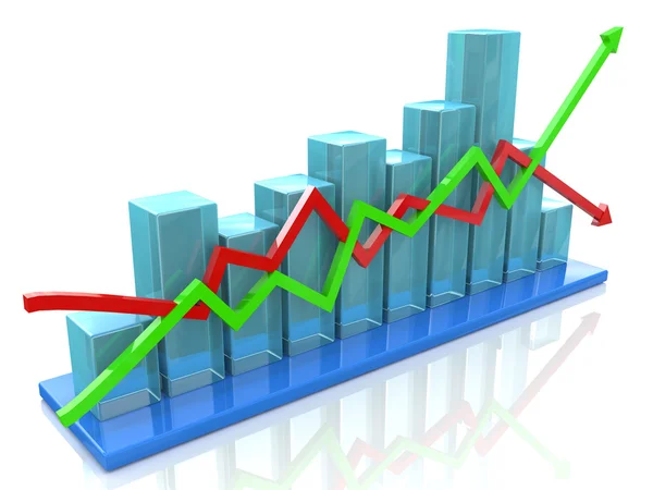 Blue bar chart and arrows depicting growth or fall of profits — Stock Photo, Image