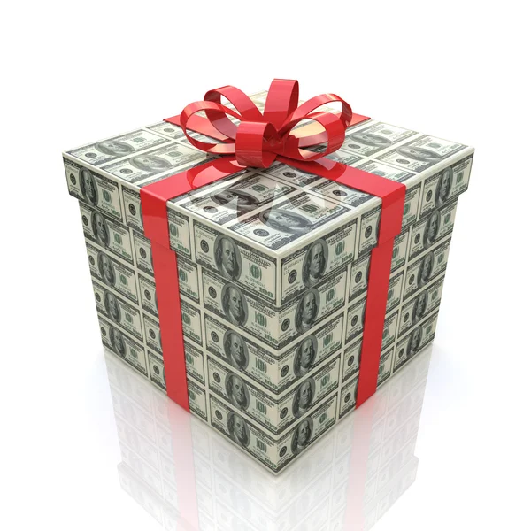 Money gift box with red ribbon on a white background — Stock Photo, Image