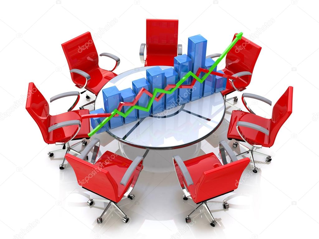 Business graph, chart at the round table and red chairs