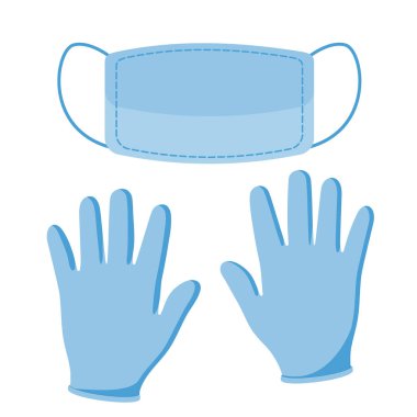 Koruyucu mavi eldiven ve maske. Lateks tıbbi eldivenler virüslere ve bakterilere karşı korunmanın sembolü. Tıbbi ya da Cerrahi Yüz Maskeleri. Sağlık sigortası kavramı. Solunum cihazı. Vektör illüstrasyonu