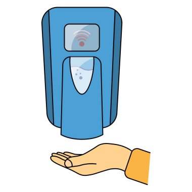 Hand free sanitizer. Wall mounted soap automatic dispenser. Automated contactless restroom equipment with sensors. Touch less hand sanitizer in blue color. Soap dispenser. Vector illustration clipart