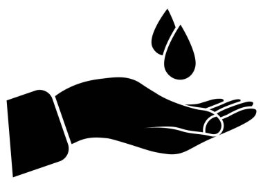 Su damlası ikonuyla el. Ellerini yıka. Virüslere, bakterilere, gribe, koronavirüse karşı önlem. Temizlik, temizlik, dezenfeksiyon kavramı. İşaret simgesi. Vektör illüstrasyonu