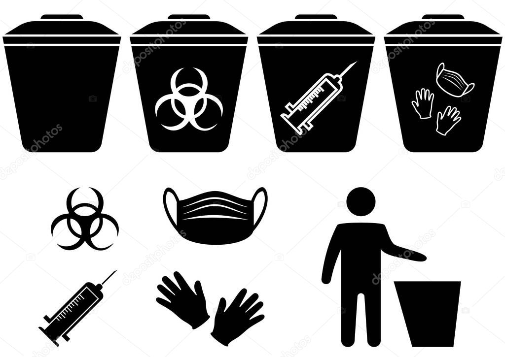Medical mask utilization. The man throws the medical trash. Biohazard waste disposal. Biohazard infectious waste. Trash can with Biohazard medical gloves and mask symbol. Covid waste. Glyph icon. Vector