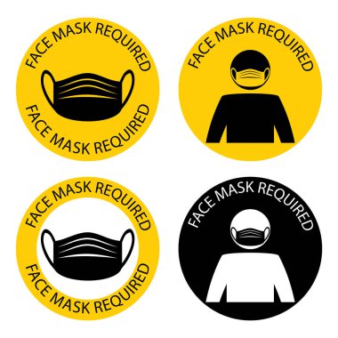 Maske gerekli. Binadayken yüz maskesi takmak gerekiyor. Örtü dükkanlarda ya da halka açık yerlerde giyilmeli. Koruyucu kılıfı tak. Sadece maskeli olanlar girebilir. Vektör illüstrasyonu