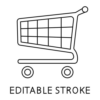 Alışveriş arabası ikonu, düz tasarım. Bir el alışveriş arabasını itiyor. Süpermarket el arabası. Ana hatlarıyla yiyecek sepetini itmek. Düzenlenebilir felç. Vektör illüstrasyonu beyaz arkaplanda izole edildi