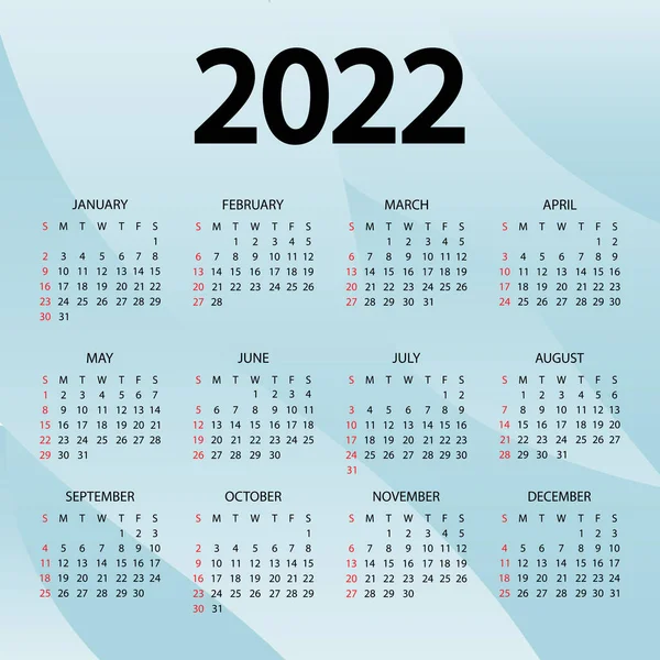 Kalender 2022 Vektor Illustration Veckan Börjar Söndag Årskalender 2022 Mall — Stock vektor