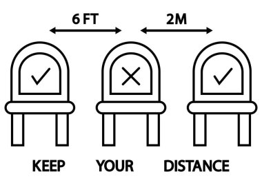 Burada oturmayın. Restoranlar, halka açık yerler ya da ulaşım için imza. Sosyal uzaklık, fiziksel uzaklık bir halk sandalyesinde oturmak, taslak simgesi. Düzenlenebilir felç. Mesafeni koru. Vektör