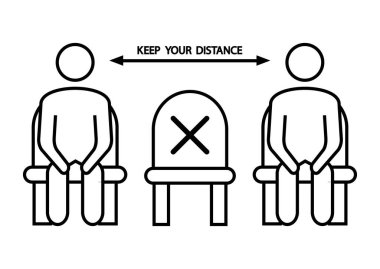 Do not sit here. Forbidden icon for seat. Social distancing, physical distancing sitting in a public chair, outline icon. Keep your distance. Vector illustration clipart