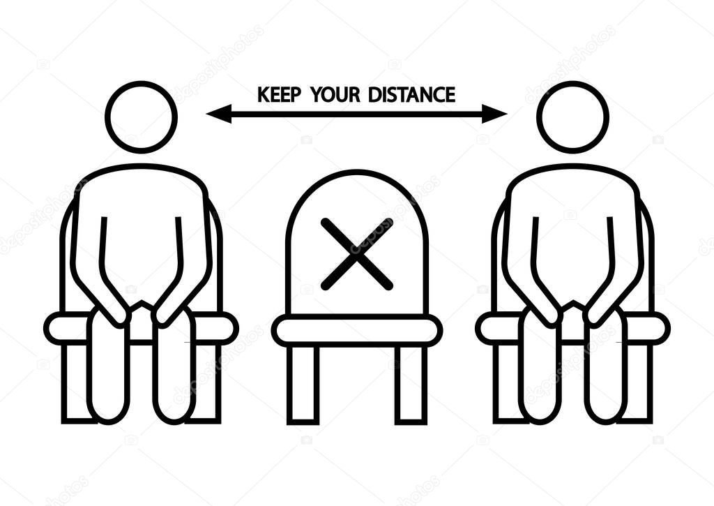 Do not sit here. Forbidden icon for seat. Social distancing, physical distancing sitting in a public chair, outline icon. Keep your distance. Vector illustration