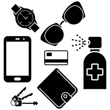 Telefon, cüzdan, anahtar, kredi kartı, güneş gözlüğü ve kol saati dezenfekte etmek için dezenfekte spreyi. Cep telefonu, cüzdan ve anahtar dezenfektan kullanılmış. Akıllı telefon dezenfeksiyonu. Vektör