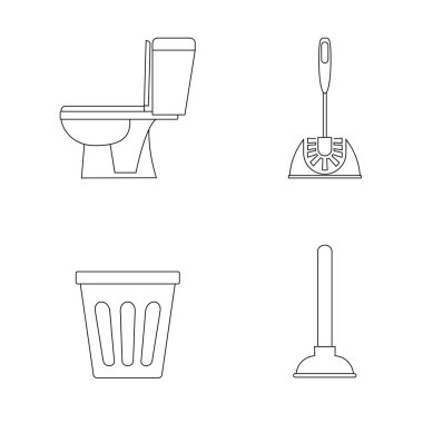 Tuvalet ikonu. Tuvalet. Tuvalet, ana hatlarıyla banyo. Tuvalet fırçası, pompa ve çöp tenekesi. Tesisat servisi. Temizlik banyosunda ekipman var. Düzenlenebilir felç. Beyaz arkaplanda vektör işaretleri izole edildi