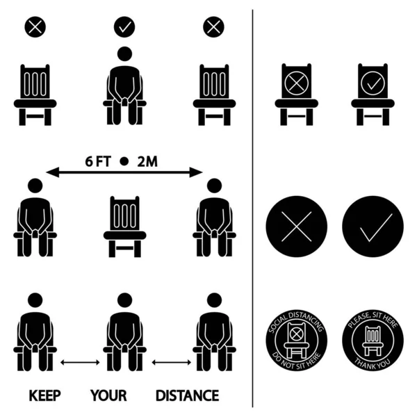 Mantén Distancia Sientes Aquí Icono Prohibido Para Asiento Sentada Distanciada — Vector de stock