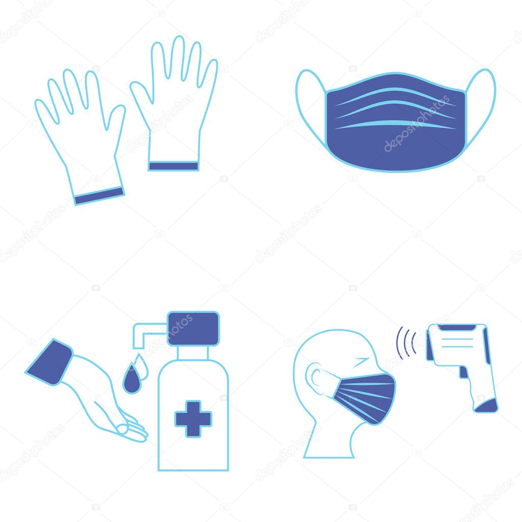 Hand Sanitizer and Temperature checks Station. Mask, gloves and temperature scanning are required. Healthcare icons. It could be used in the Train Station, Airport or other public transportations