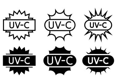 UV sterilization stamp. Sanitation device information sign. UV radiation, solar ultraviolet icons. Antimicrobial UVC Light Sanitation. Surface cleaning badges. Vector illustration
