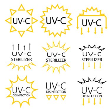 İçinde ultraviyole cihazlar olan ambalaj işaretleri için bilgi işaretleri. UV-C sterilizatör ve dezenfeksiyon pul sembolleri. Hijyen Cihazı Bilgi İşareti. Ultraviyole cihazlar için çıkartmalar. Vektör izole edildi