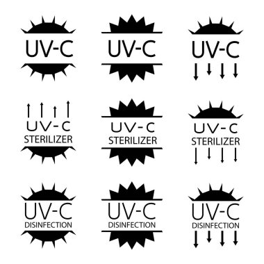 İçinde ultraviyole cihazlar olan ambalaj işaretleri için bilgi işaretleri. UV-C sterilizatör ve dezenfeksiyon pul sembolleri. Hijyen Cihazı Bilgi İşareti. Yuvarlak rozetler. Vektör izole edildi