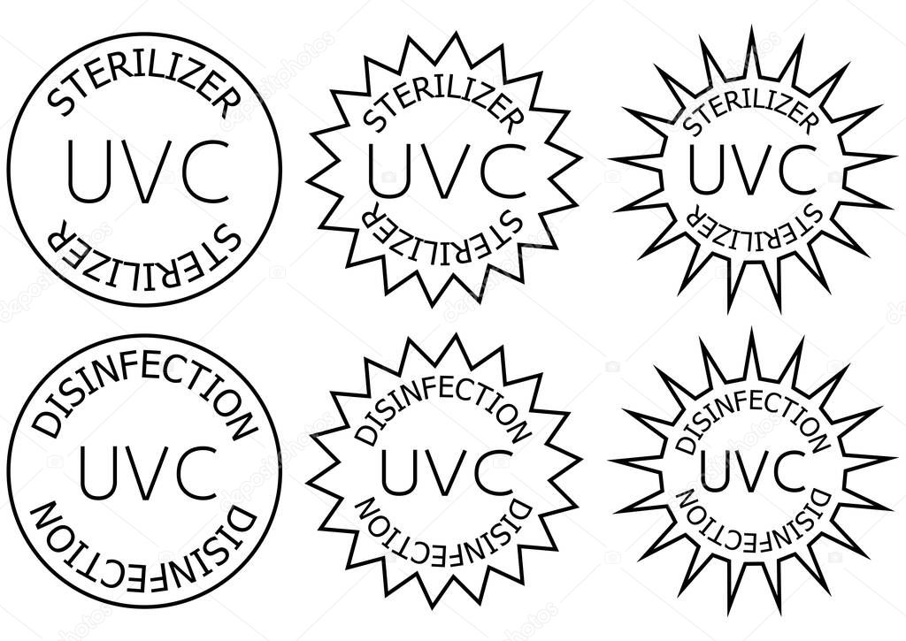 UV-C sterilizer and disinfection stamp. Sanitation device information sign. Round badges. Antimicrobial UVC Light Sanitation. Surface cleaning badges. Vector illustration