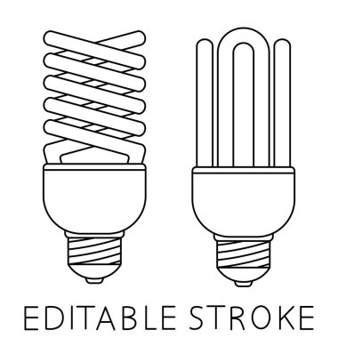 Konsept tasarım için floresan lamba. Ampul simgesi. Tasarım fikri. Ekonomik ampul. Parlak lamba ana hatlarıyla. Vektör illüstrasyonu beyaz arkaplanda izole edildi
