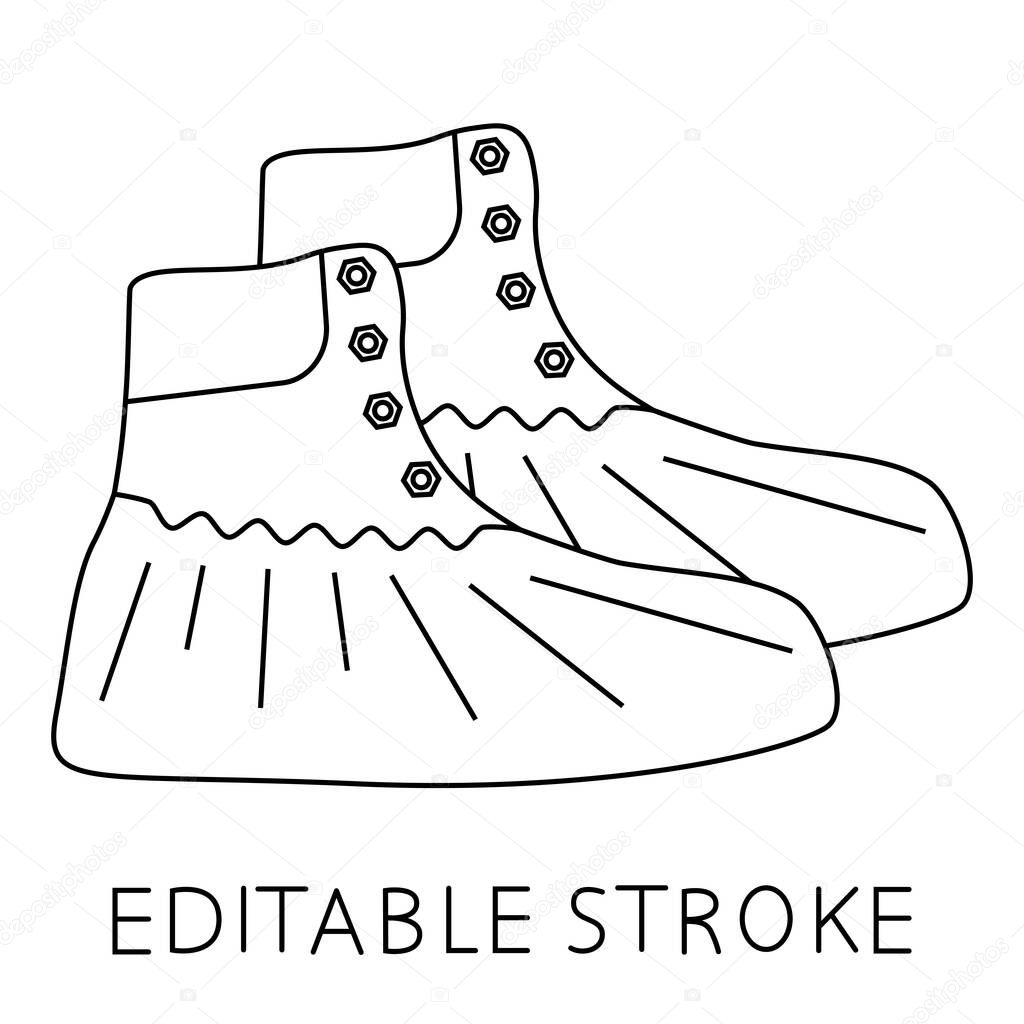 Polyethylene covering for shoes. Antibacterial plastic shoe covers. Protective medical covers. Editable stroke. Outline icon. Vector isolated