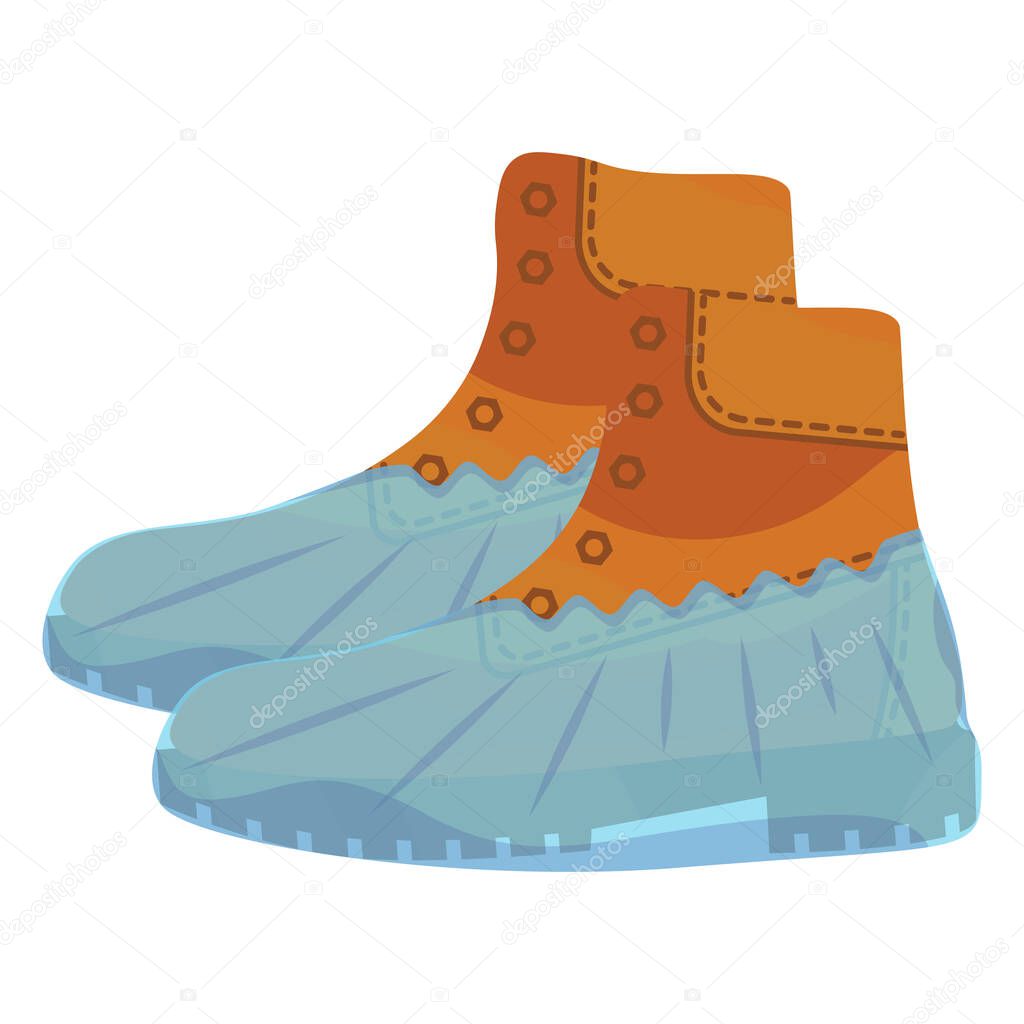 Military brown boots with polyethylene covering. Blue shoe cover. Protective medical covers. Military boots in realistic style. Medical personal protective equipment. Vector isolated