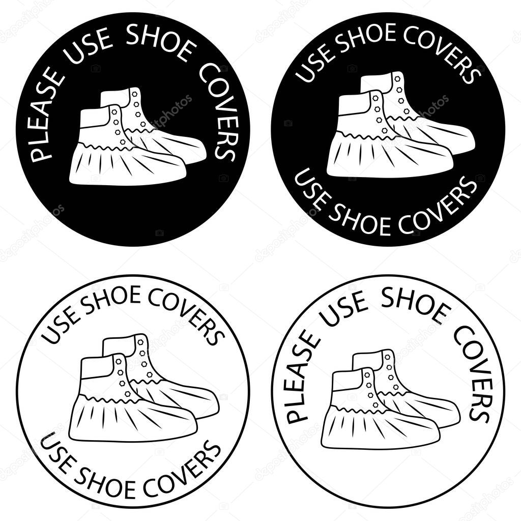 Polyethylene covering for shoes. Please, use shoe covers. Protective medical covers. Outline and glyph icons. Virus prevention icons. Vector illustration isolated
