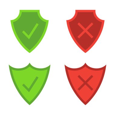 Güvenlik kalkanları. Zırh levhası. Güvenlik ve koruma simgeleri. İşaret simgelerini kontrol et. Kalkanlarda yeşil kene ve kırmızı atık sembolleri var. Onaylama ve reddetme sembolleri. Vektör illüstrasyonu