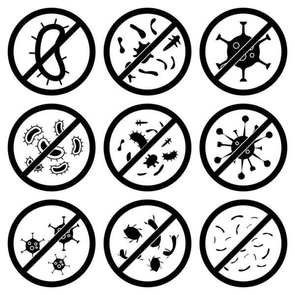 Anti bacterial icons. Stop of virus, germs and microbe, prohibition badges. Antibacterial and antiviral defense, protection from infection. Set of antibacterial sign. No bacteria, icons. Vector