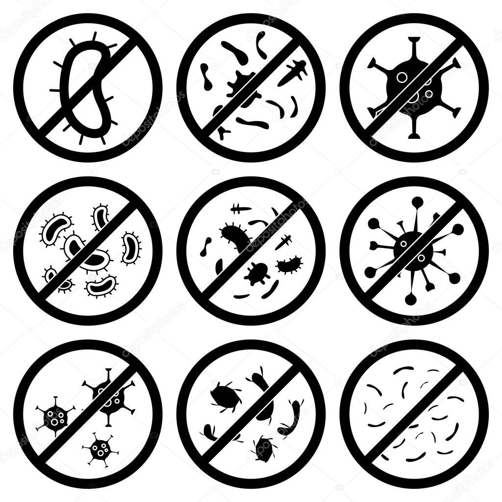 Anti bacterial icons. Stop of virus, germs and microbe, prohibition badges. Antibacterial and antiviral defense, protection from infection. Set of antibacterial sign. No bacteria, icons. Vector